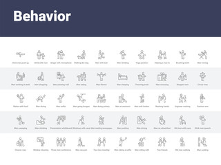 50 behavior set icons such as man welding, old man walking, two friends, man sitting with headache, taking a selfie, two men meeting, vacuum, three men conference, window cleaning. simple modern