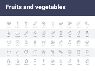 50 fruits and vegetables set icons such as apricot, arugula, aubergine, basil, blackberry, celery, dill, dragon fruit, grapefruit. simple modern vector icons can be use for web mobile