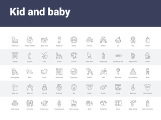 Fototapeta na wymiar 50 kid and baby set icons such as baby milk bottle, baby selling, cubes, footprints, stork, carriage, feeding bottle, rubber duck, girl shoes. simple modern vector icons can be use for web mobile