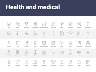 50 health and medical set icons such as band aid, blood, blood drop, condom, defibrillator, desinfectant, emergency, enema, health care. simple modern vector icons can be use for web mobile