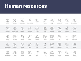 50 human resources set icons such as resume, recruitment, profiles, appointment, hi, skills, hiring, approved, contact. simple modern vector icons can be use for web mobile