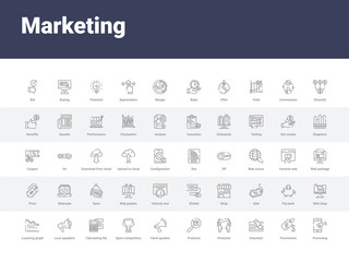 50 marketing set icons such as promoting, promotions, volunteer, protester, products, hand speaker, sport competition cup, calculating file, loud speakers. simple modern vector icons can be use for