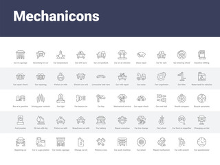 50 mechanicons set icons such as car speedometer, car with wrench, repair mechanism, car wheel, wash machine, pistons cross, change oil, inside a garage, in a gas station. simple modern vector icons