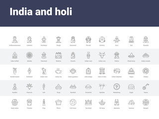 50 india and holi set icons such as rangoli, samosa, namaste, oil lamp, taj mahal, full moon, phirni, pray, thandai. simple modern vector icons can be use for web mobile