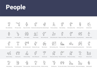50 people set icons such as queens guard, woman with shopping cart, person mowing the grass, two men with cocktail glasses, smoking man, woman covering, muscular man showing his muscles, tumb up