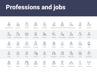 50 professions and jobs set icons such as strongman, lobby boy, career promotion, taxi driver, policewoman, model, mechanic, scientist, bouncer. simple modern vector icons can be use for web mobile - obrazy, fototapety, plakaty