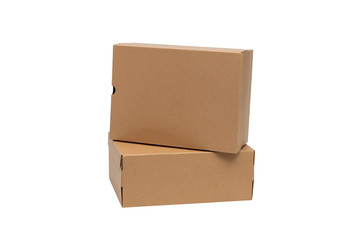 Brown cardboard shoes box with lid for shoe or sneaker product packaging mockup, isolated on white with clipping path.