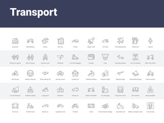 50 transport set icons such as car and key, media company truck with satellite, journalist van, zero emission badge, crate, tandem, logistics truck, black car, forklift truck. simple modern vector