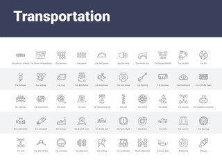 50 transportation set icons such as damper, brake disc, exhaust pipe, wheel alignment, car accelerator, car air bag, car alternator, ammeter, anti-roll bar. simple modern vector icons can be use for