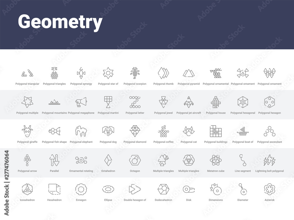 Poster 50 geometry set icons such as asterisk, diameter, dimensions, disk, dodecahedron, double hexagon of 