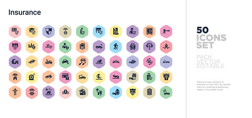 50 insurance vector icons set in a colorful hexagon buttons