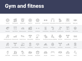 50 gym and fitness set icons such as muscles, gym bag, trampoline, resistance, bosu ball, big stopwatch, pill and tablet, carrot and apple, running treadmill. simple modern vector icons can be use