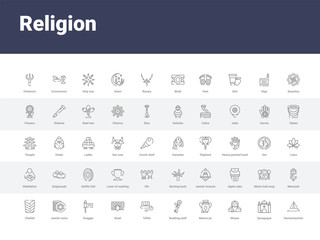 50 religion set icons such as hamantaschen, synagogue, moses, manna jar, budding staff, tefilin, kotel, gragger, jewish coins. simple modern vector icons can be use for web mobile