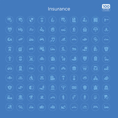 100 blue round insurance vector icons set such as dental insurance, falling, wounded, finances, elderly, crash, earthquake, robbery.