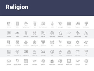 Fototapeta na wymiar 50 religion set icons such as halal, dua hands, reading quran, kaaba mecca, islamic lantern, arabic art, genie lamp, holy quran, palm tree with date. simple modern vector icons can be use for web