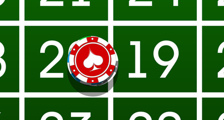 Happy New Year 2019 poker chips background. Greeting card Roulette Game & chips flyer. greencloth casino of date 2018 year view from above banner. Celebrate poker casino brochure