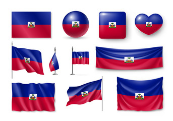 Various flags of Haiti independent caribbean country set. Realistic waving national flag on pole, table flag and different shapes badges. Patriotic symbolics for design isolated vector illustration