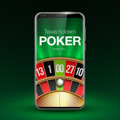 illustration Online Poker casino banner with mobile phone and roulette. Marketing Luxury Banner Jackpot Online Casino with New model Smartphone and roulette Advertising poster with background