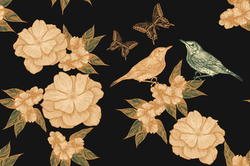 Seamless floral pattern with birds, roses and butterflies. Hand-drawn, vector illustration.
