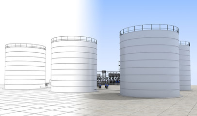 oil refinery, chemical production, waste processing plant, exterior visualization, 3D illustration