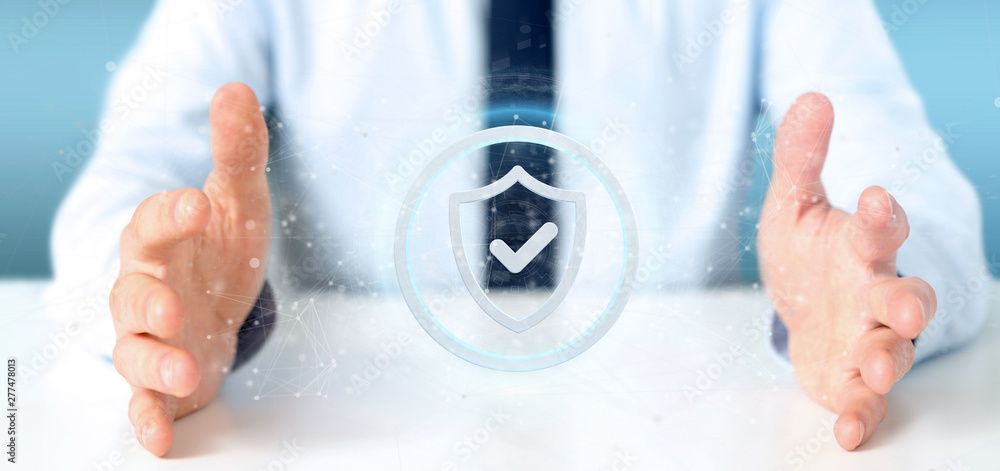 Poster man holding a shield web security concept 3d rendering