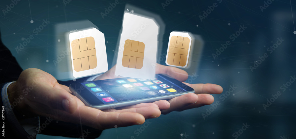 Poster businessman holding different size of a smartphone sim card 3d rendering