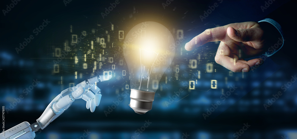 Poster cyborg hand holding a bulb lamp idea concept with data all around 3d rendering
