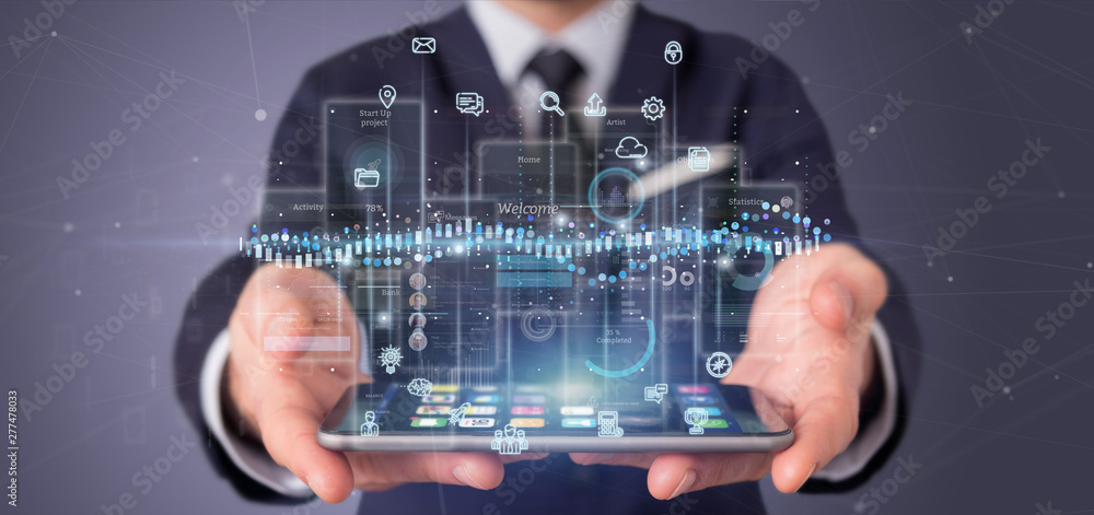 Poster businessman holding user interface screens with icon, stats and data 3d rendering