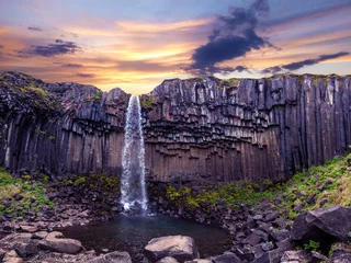 Zelfklevend Fotobehang Aubergine Magisch landschap met een beroemde Svartifoss-waterval in het midden van basaltpijlers in Skaftafell, Vatnajokull National Park, IJsland. Exotische landen. Geweldige plaatsen. Populaire toeristische attractie.