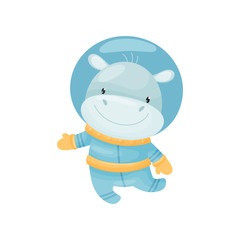 Cute hippo astronaut. Vector illustration on white background.