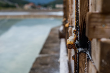 Detail in old still working sea salt pans in Ston, Peljesac peninsula, Dalmatia, Croatia