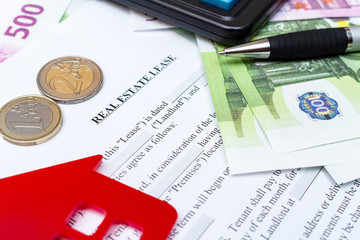 House, home, property, real estate lease rental contract agreement pen money coins keys wooden background, expenses, buying, investment, finance, savings, concept close up selective focus