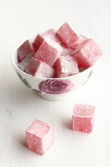 Turkish delight  with rose flavor in a bowl
