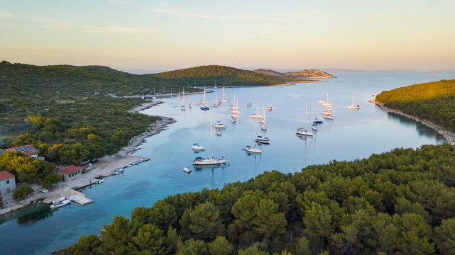 sailboats anchoring in beautiful bay, Vela Stupica, Croatia
