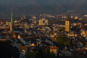 sunrise over old town and churches of  Zurich, Switzerland