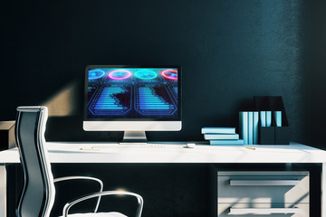 Desktop interior with computer, table and chair. Business drawing on screen. 3d rendering.