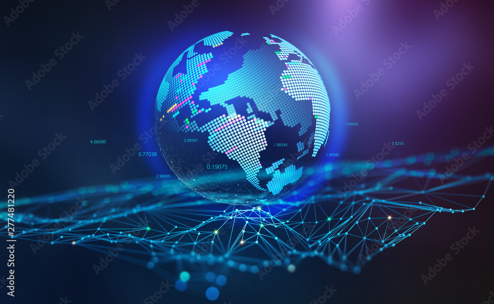 Poster Global wireless network. Blockchain technology in digital future. Peering database. 3D illustration of a hologram of globe on a polygonal grid
