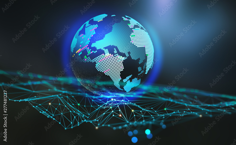 Leinwandbilder global wireless network. blockchain technology in digital future. peering database. 3d illustration 