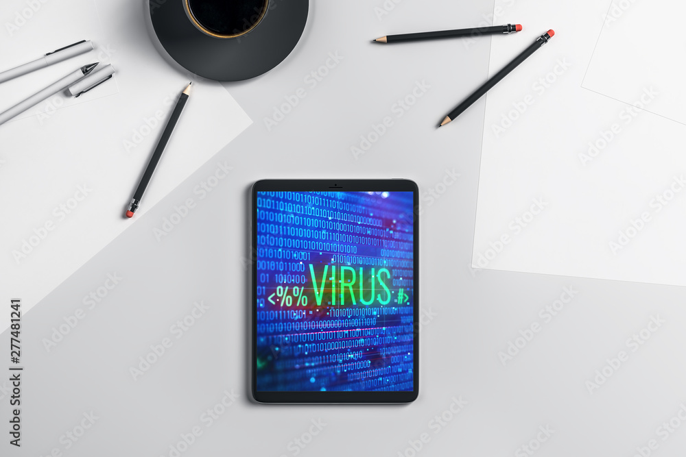 Poster digital tablet closeup with hacking theme drawing on screen. data safety concept. 3d rendering.