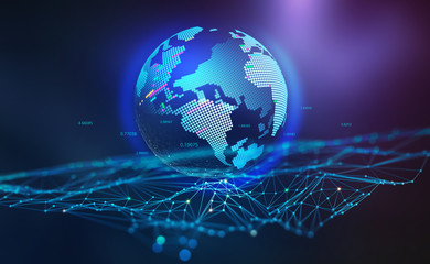 Global wireless network. Blockchain technology in digital future. Peering database. 3D illustration of a hologram of globe on a polygonal grid