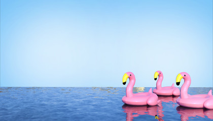 Birds Flamingo floats in pool and summer  holiday Concept on Clean Blue Sky background minimal Art Style - 3D rendering