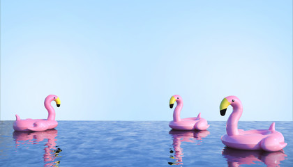 Birds Flamingo floats in pool and summer  holiday Concept on Sky Bright  background minimal Art Style - 3D rendering