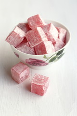 Turkish delight  with rose flavor in a bowl