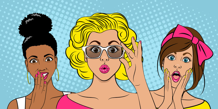 Surprised girls on colored backgrounds. Wow people. Sale. Vector illustration in pop art style
