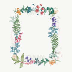 Fototapeta na wymiar Vertical hand drawn rectangular frame with wild flowers and herbs. Colored arrangement in vintage style.