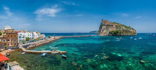 Landscape with Porto Ischia and Aragonese Castle, Ischia island, Italy - obrazy, fototapety, plakaty