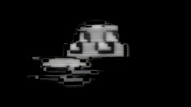 Laughing symbol on digital old tv screen with glitch eggect, seamless loop. Animation. Noise interference with a round grey smiling icon on black background, monochrome.