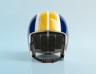 Blue and Yellow vintage motorbike helmet isolated on blue background Mockup 3D rendering