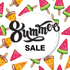 Summer. Summer sale. Hand drawn lettering with watercolor background. Background has watercolor cute ice cream