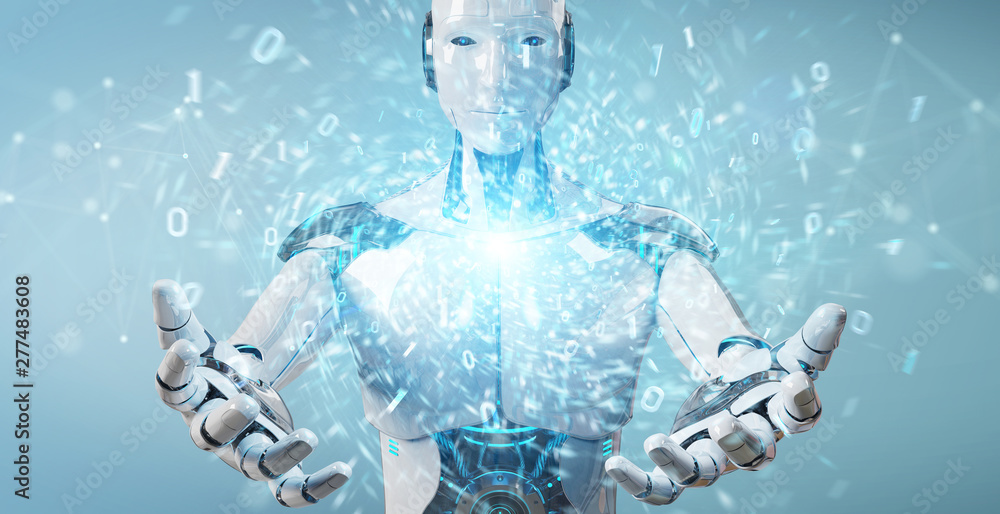 Poster white humanoid robot creating new futuristic energy power source 3d rendering